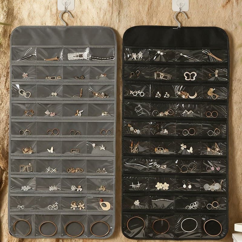 Organizador de Joias 80 Bolsos para Guarda-Roupa | Porta Brincos Colares Dobrável Preto/Cinza