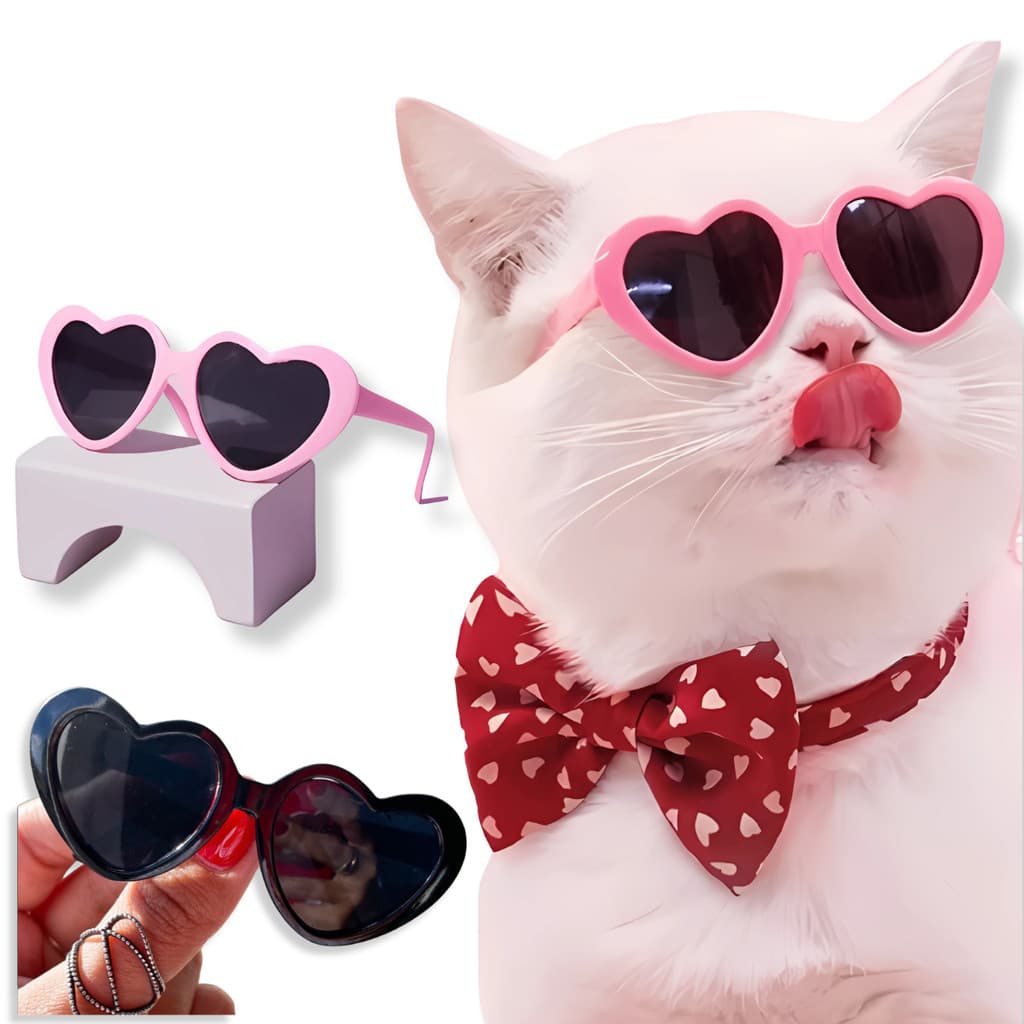 Óculos para Pet Cachorro e Gato Estilo Coração Look Fashion Luxo para Fotos Instagram e Ensaios