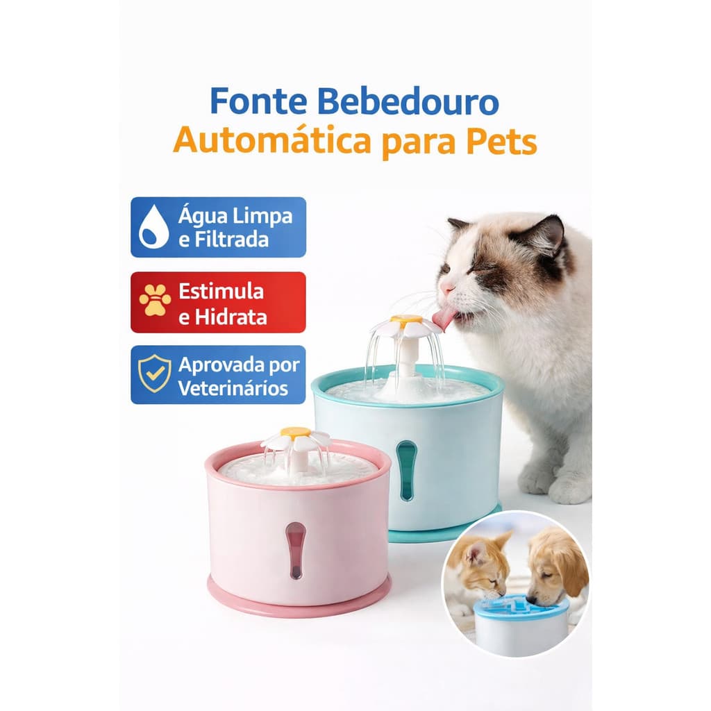 Fonte de Água Automática para Gatos e Cães com Filtro de Carvão – Bebedouro Elétrico Silencioso USB (até 2.4L)