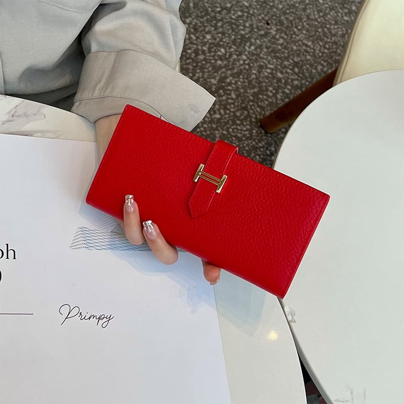 Carteira Longa De Couro Genuíno Com Fecho De Bloqueio , Compartimentos Para Vários Cartões , Bolso Moedas , Carteiras Po