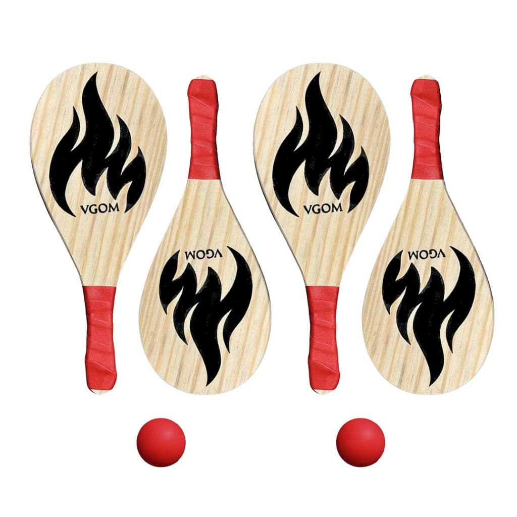 Kit Raquetes 4 De Madeira Para Frescobol Cabo Vermelho + 2 Bolinhas de Borracha Esporte Diversão Vermelho