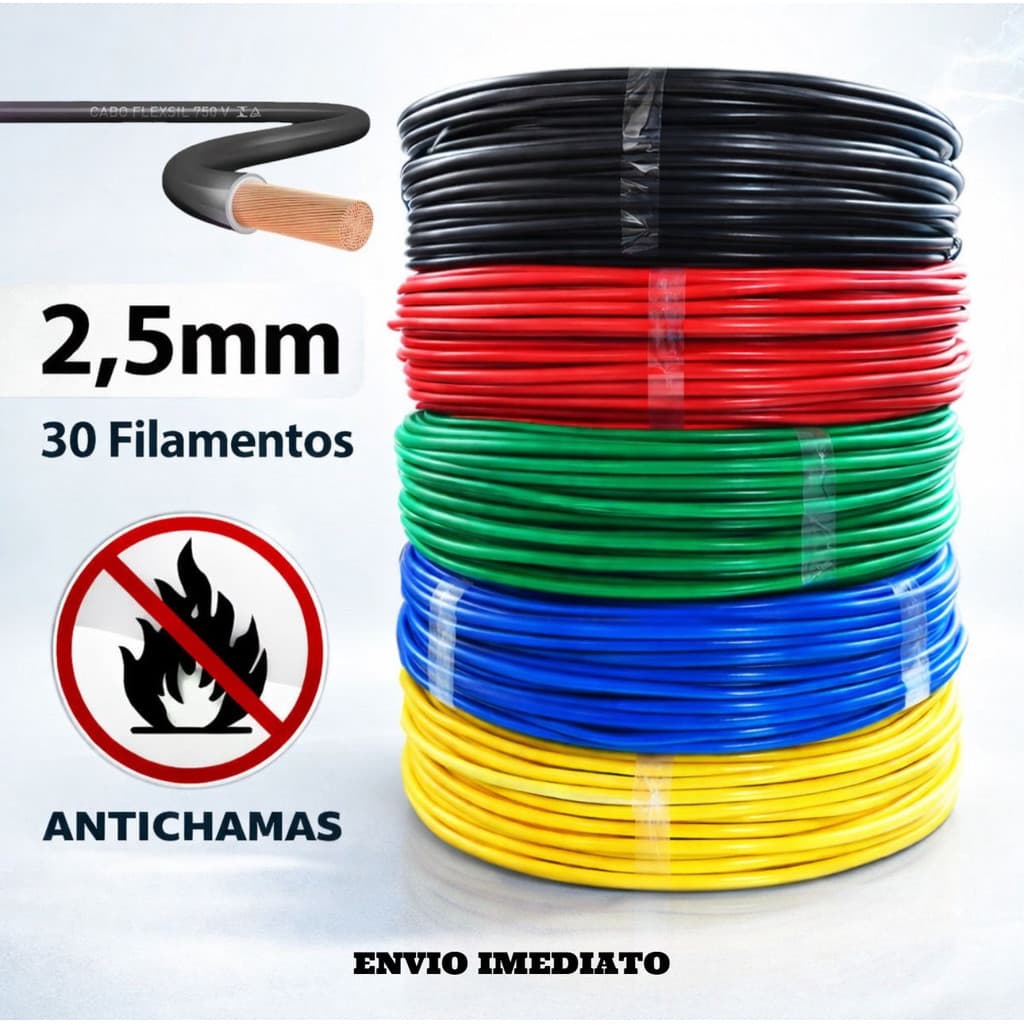 Fio Cabo Elétrico 2,5mm Fio Flexível Antichamas Casa - 100 METROS - 50 METROS - 25 METROS - 10 METROS - varias cores