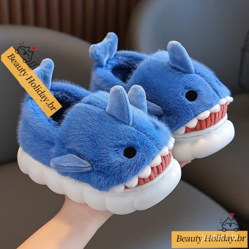 Chinelos de Inverno Quentes Antiderrapantes para Meninos e Meninas Confortáveis, Chinelos de Tubarão de Desenho Animado