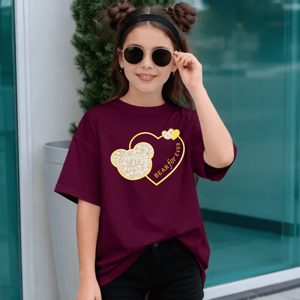 Camiseta Infantil Estampada Criança Bear For Ever Dourado 100% Básica Manga Curta Unissex Masculina e Feminino Básica