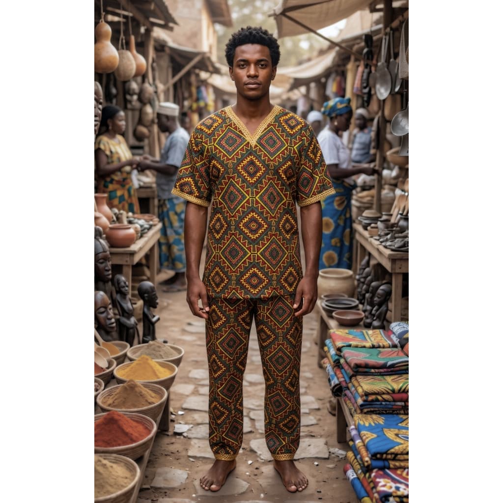 Conjunto Masculino Estampado Oxford Colorido Magia Umbanda Candomblé Étnico Orixá