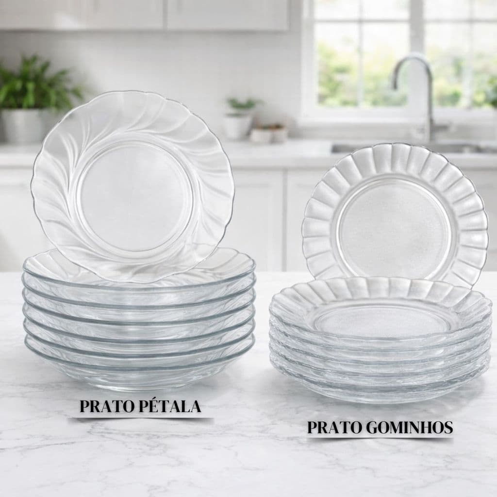 Kit Pratos de Vidro Resistentes 22cm – Pétala , Gominho ,Egípcio ,Floral e Liso  Pratos fundos Modernos