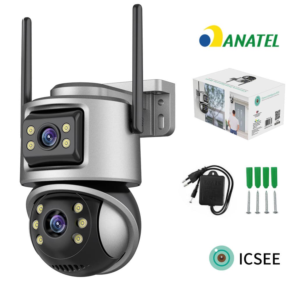 âmera de segurança Wi-Fi externa com 2 lentes, 360°, zoom óptico, visão noturna, à prova d'água