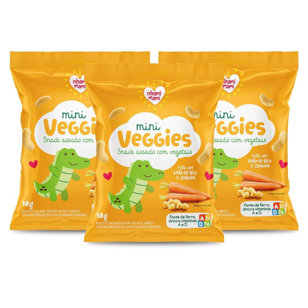 Kit Snack Infantil Sem Glúten Grão de Bico e Cenoura - Mini Veggies Nhami Mami 3 Unidades 18g