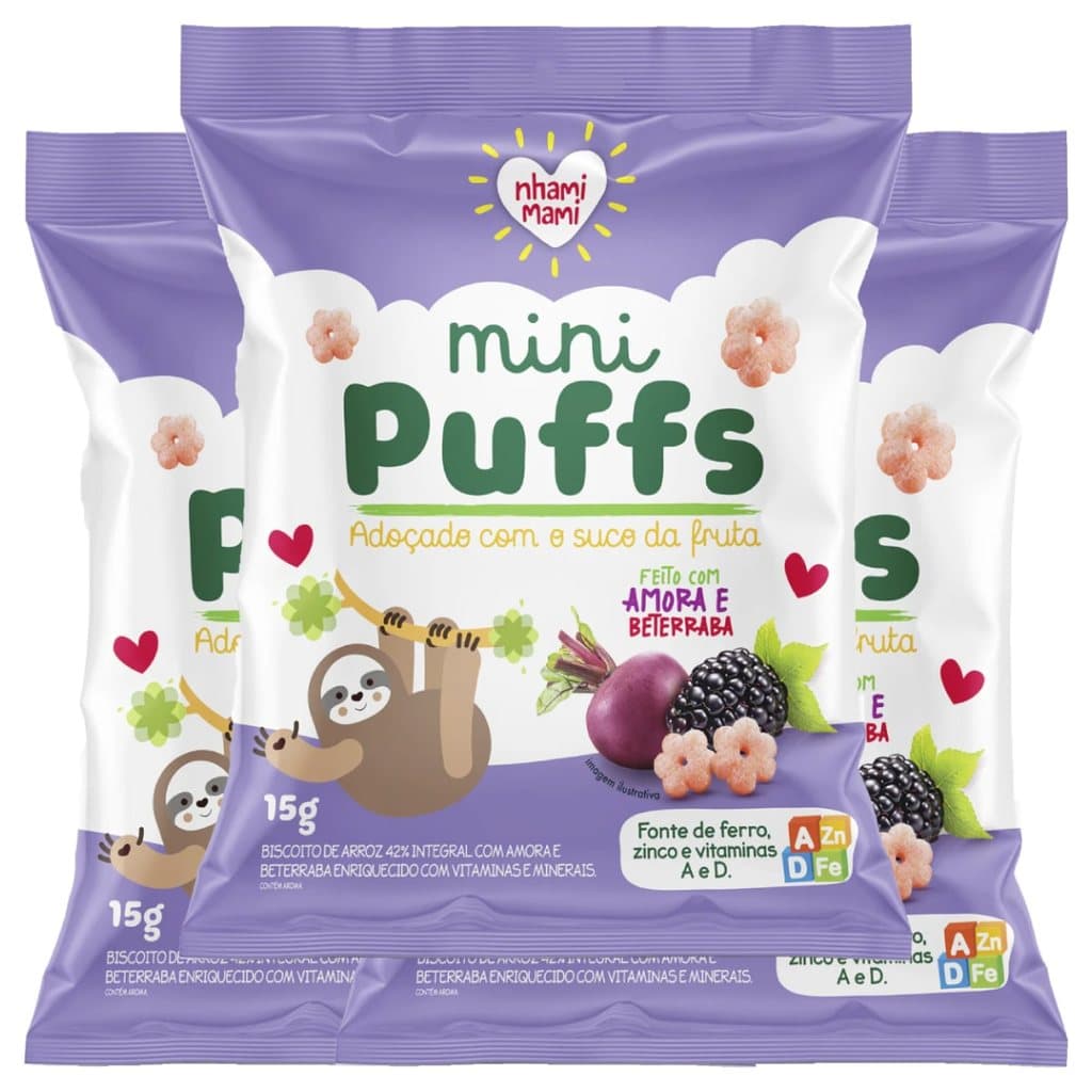 Biscoito de Arroz Mini Puffs Amora e Beterraba Zero Glúten, Integral Nhami Mami contendo 3 pacotes de 15g cada