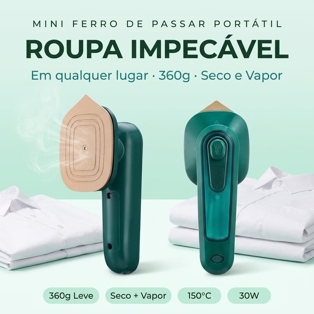 Mini Ferro de Passar Roupa a Vapor Portátil Viagem 30W 220V – Leve 360g Cabe na Mala – Bivolt