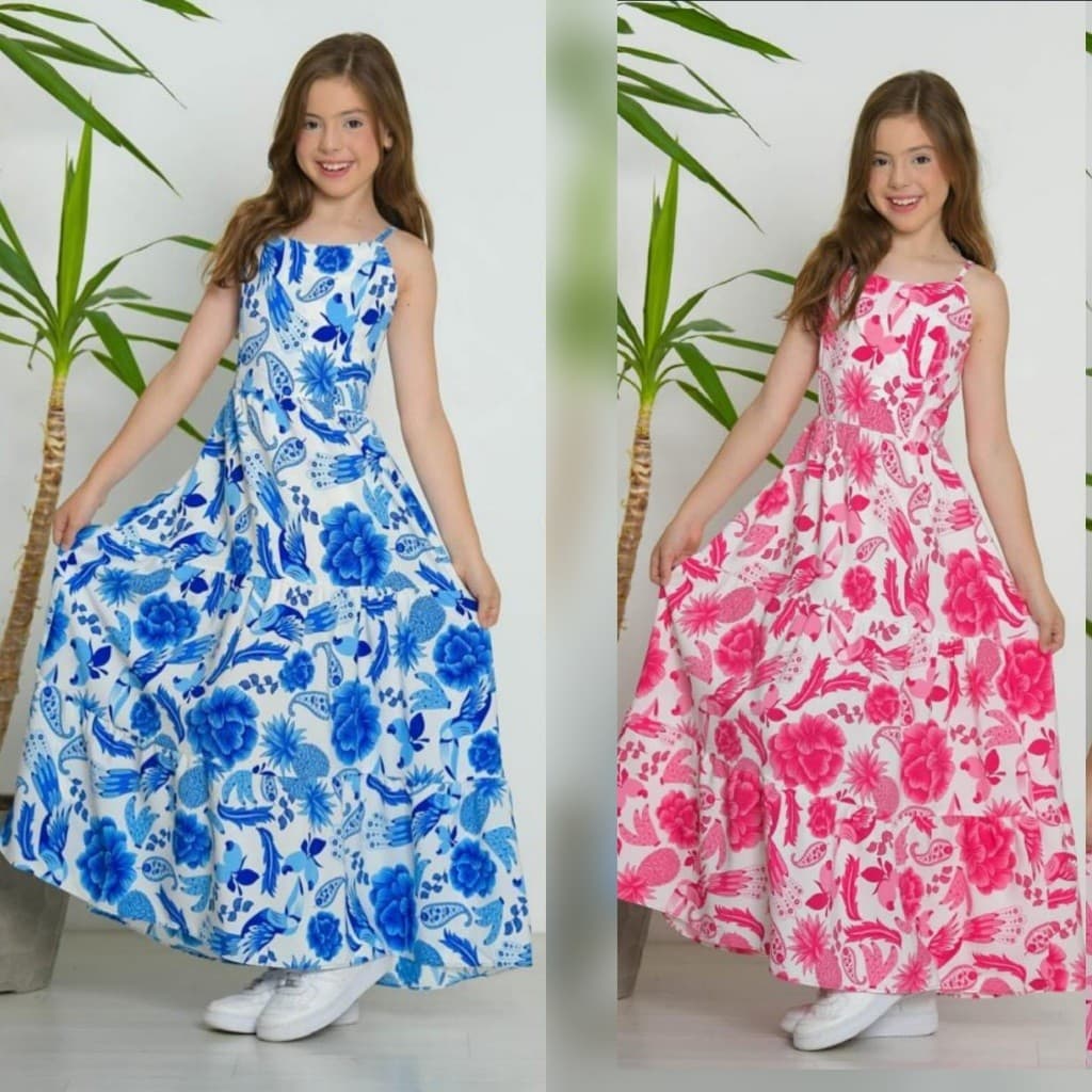 Vestido Longo infantil juvenil longo estampado Crepinho Rodado alça do 8,10,12,14 e 16 anos