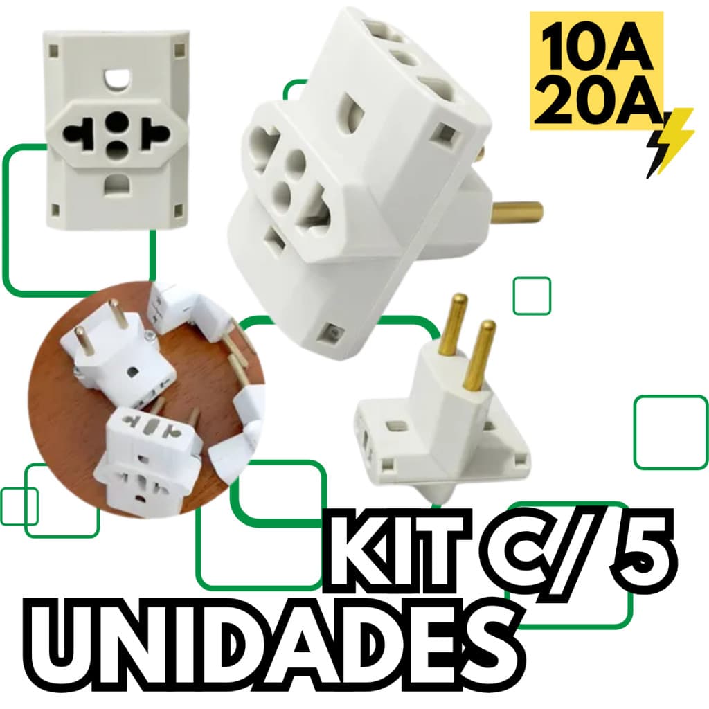 Kit 5 Adaptador de Tomada Benjamim Universal 10A e 20A Pino Maciço Reforçado