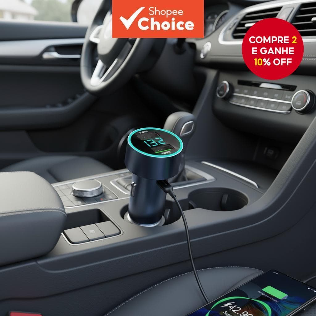  Carregador de Carro Dual com Display LED 15W+16W - Adaptador USB Rápido para iPhone e Samsung