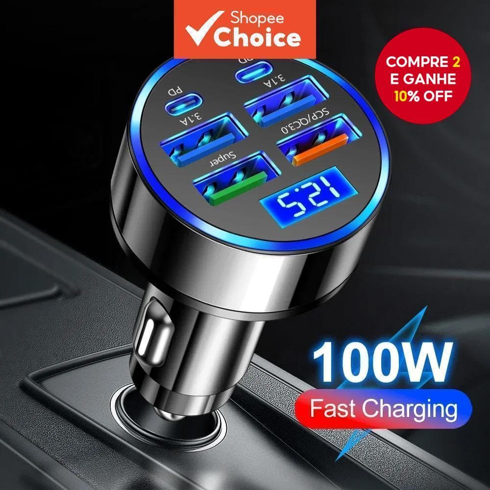  6Port Carregador de Carro USB PD QC3.0 USB C Carregador de Celular para Carro Adaptador Tipo C para iPhone Samsung