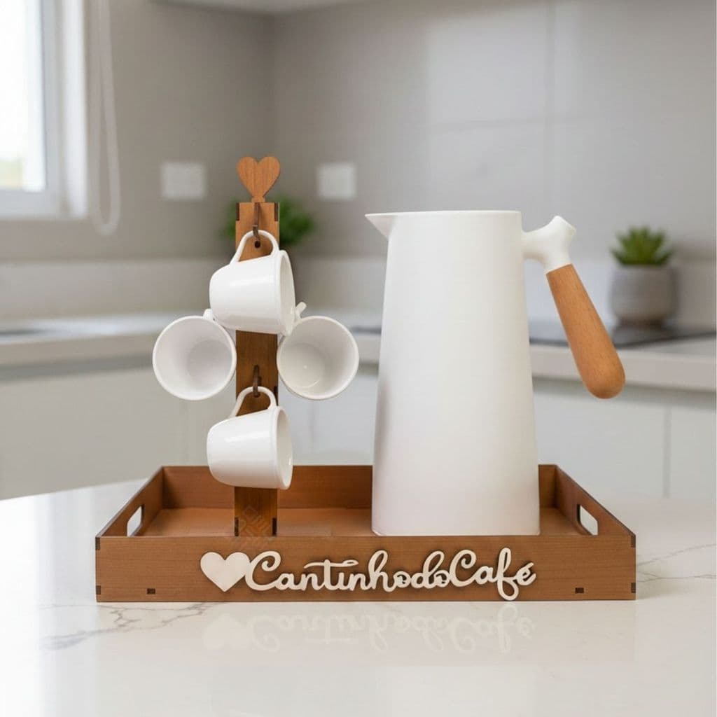 Kit Bandejas + Suporte 6 Xícaras + 6 Xícaras Para Cantinho do Café Organizado, Elegante e Decorativo