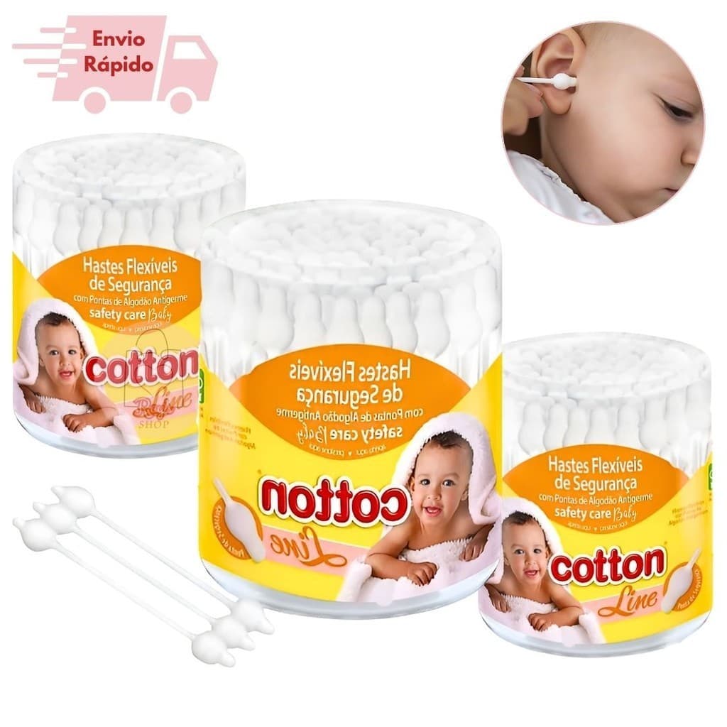 3 Potes de Hastes Flexíveis Com Pontas De Segurança Para Bebês Recém Nascido Cotton Line 45 Un Cada