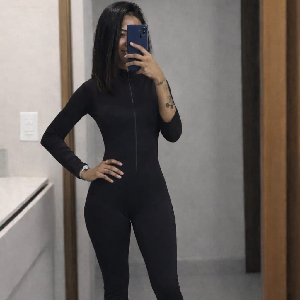 Macacão Feminino Longo Canelado 3D Tecido Anarruga Premium com Zíper Frontal Manga Longa Moda Feminina