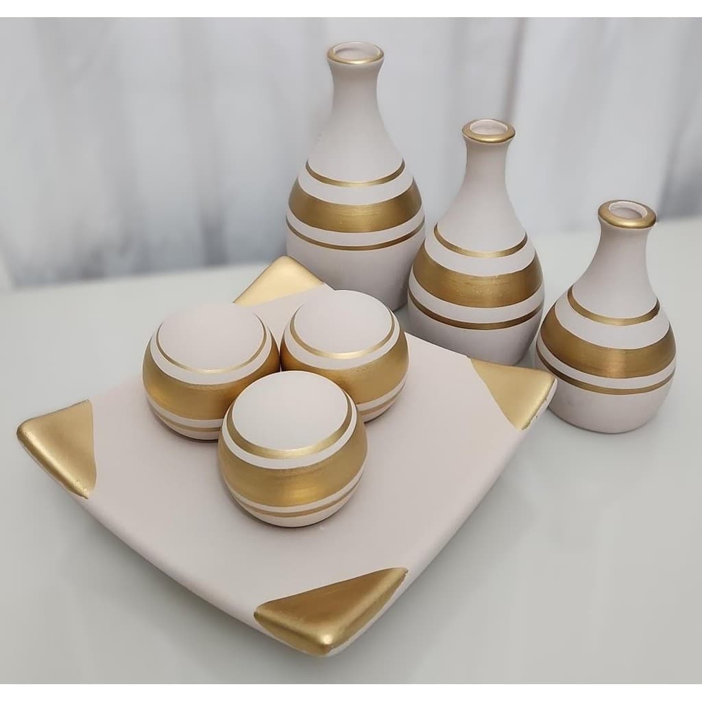 Kit 7pç Prato Vasos Cerâmica decoração mesa centro rack sala