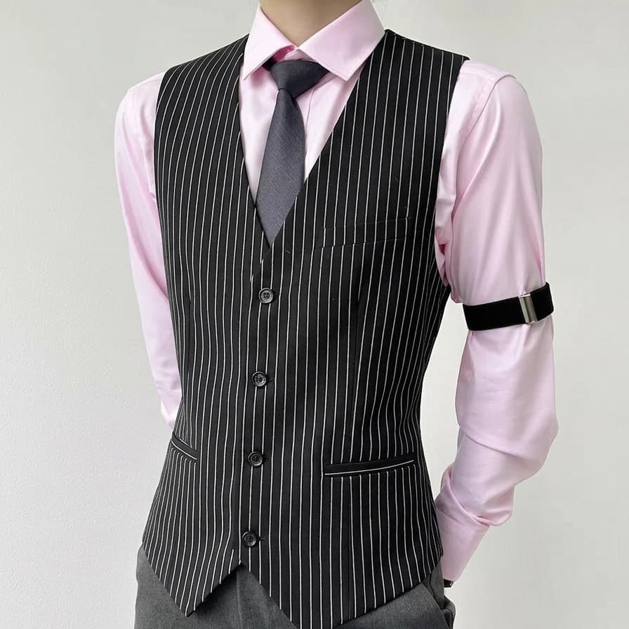 Colete Listrado Masculino – Vestido Slim Fit Com Decote Em V Sem Mangas Para Formal Casual
