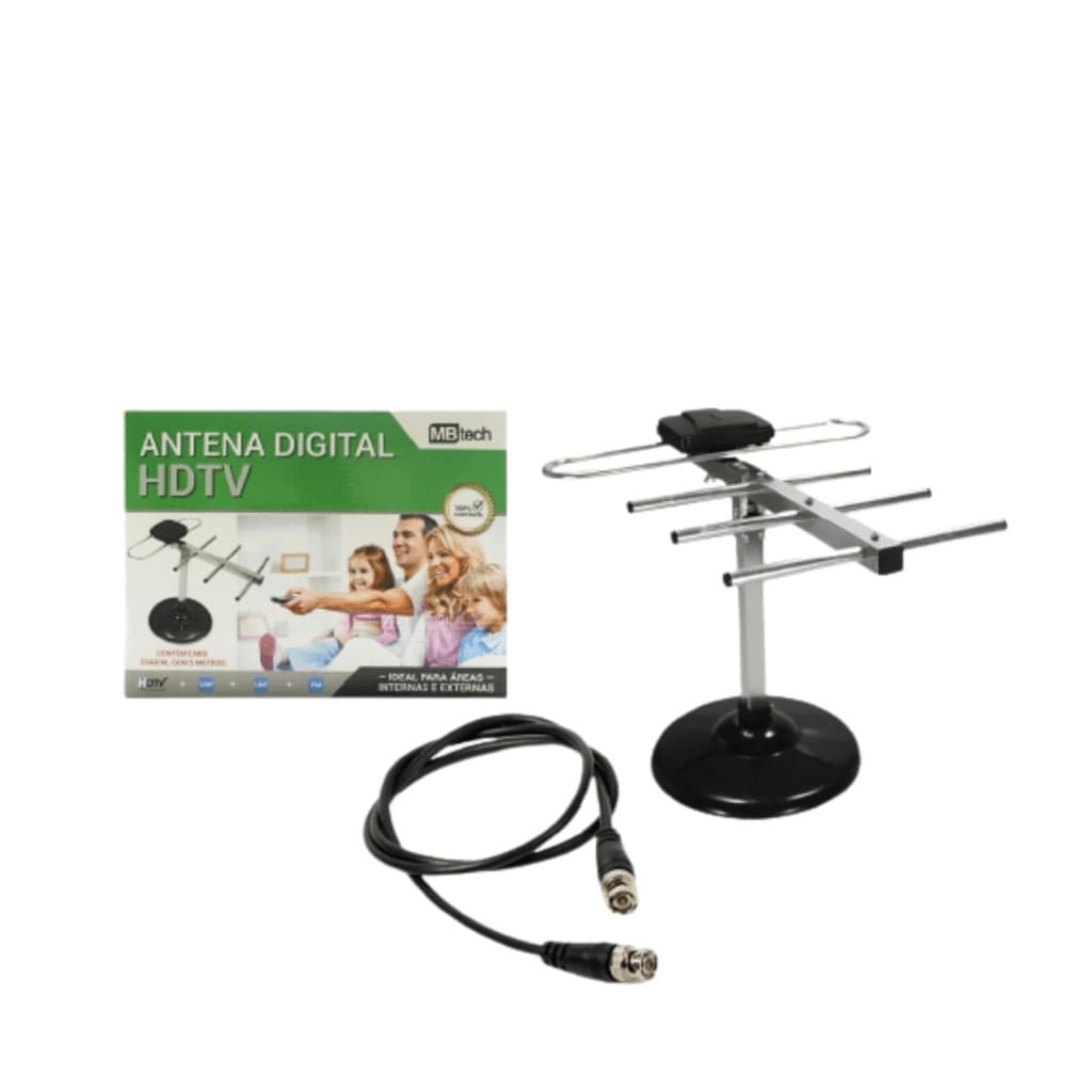 Antena digital hd tv interna e externa fio 5,0 metros base vhf uhf fm