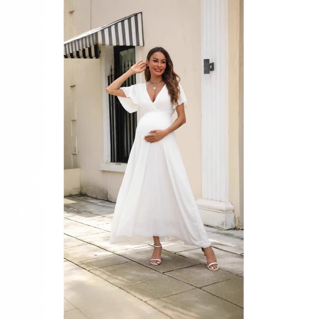Vestido de maternidade, roupa de maternidade, vestido de maternidade branco de manga curta com decote em V, vestido de m