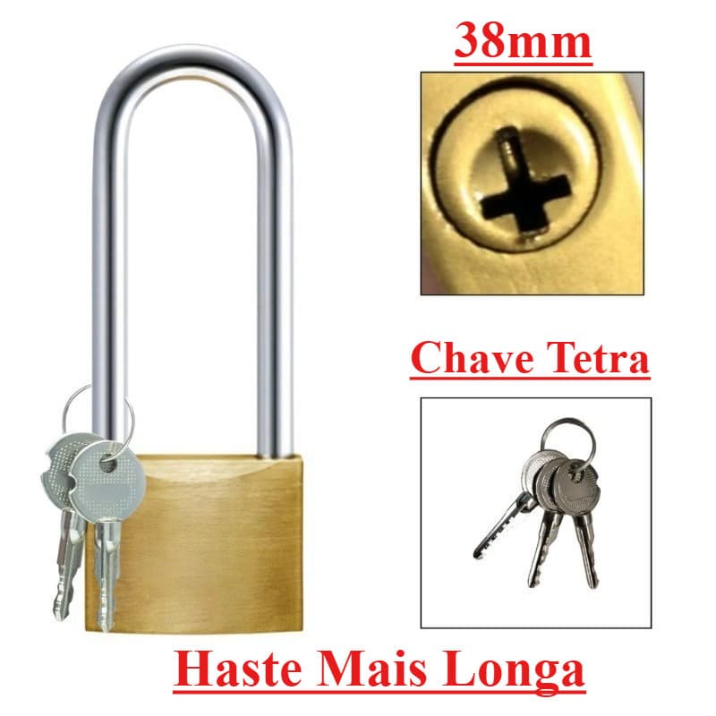 Cadeado De Latão 38mm Haste Longa Para Segurança Versátil Com 3 Chaves Tetra