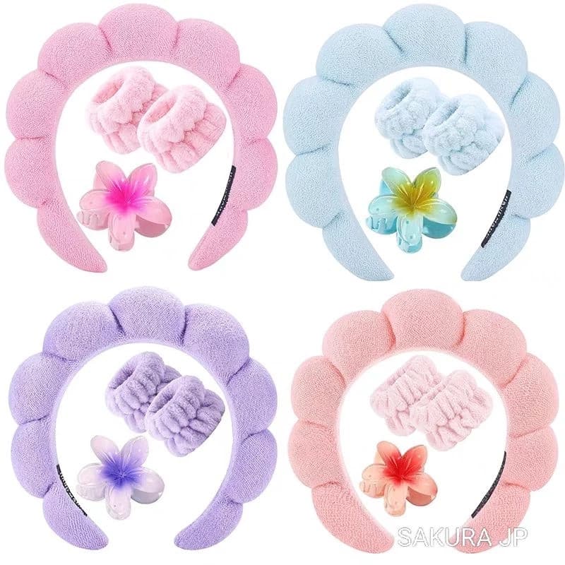 KIT 4 PCS Acessórios de Skincare Spa Feminino - Tiara Nuvem, Faixa de Pulso, Presilha de Flor