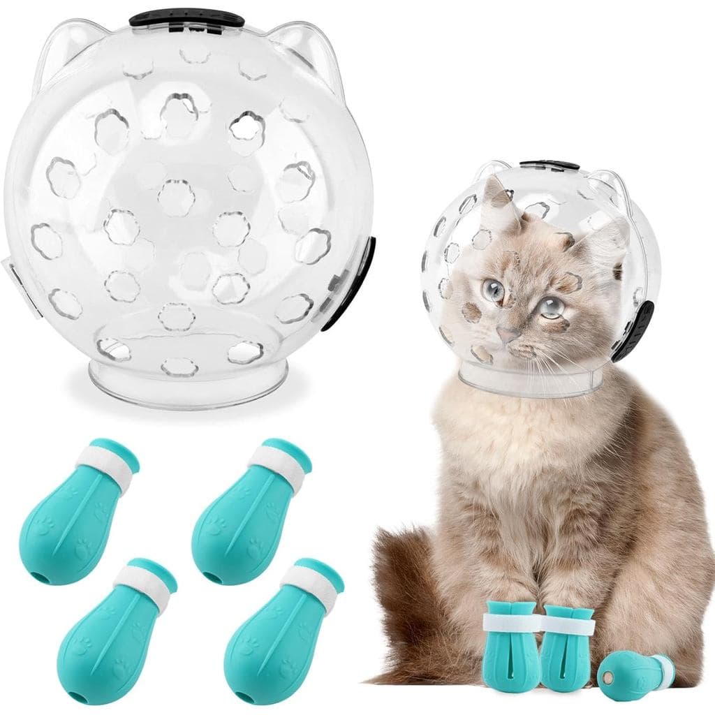 Focinheira para Gato para Grooming, Capacete de Astronauta Transparente e Ajustável com 4 Sapatos de Silicone para Banho