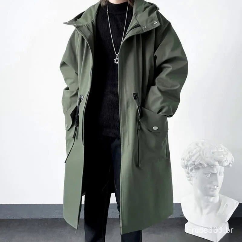 Jaqueta Masculina de Comprimento Médio com Capuz, Trench Coat Verde Exército, Sobretudo Streetwear 1F2V 3BL4