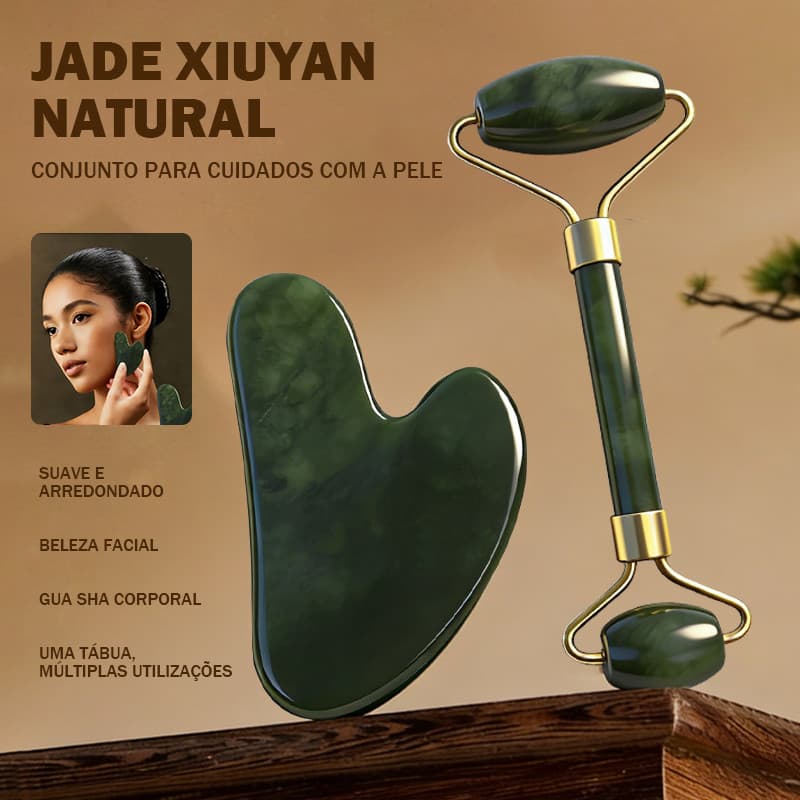 Kit De 2 Rolos De Pedra De Jade + Placa Gua Sha Para Massagem Facial Antirrugas