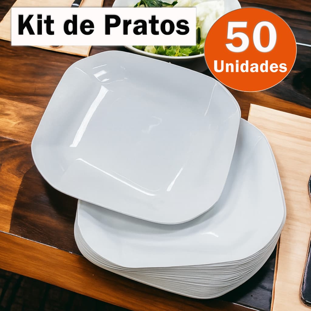 Kit 50 Pratos Plasticos Liso Quadrado Premium com Detalhes em Espiral