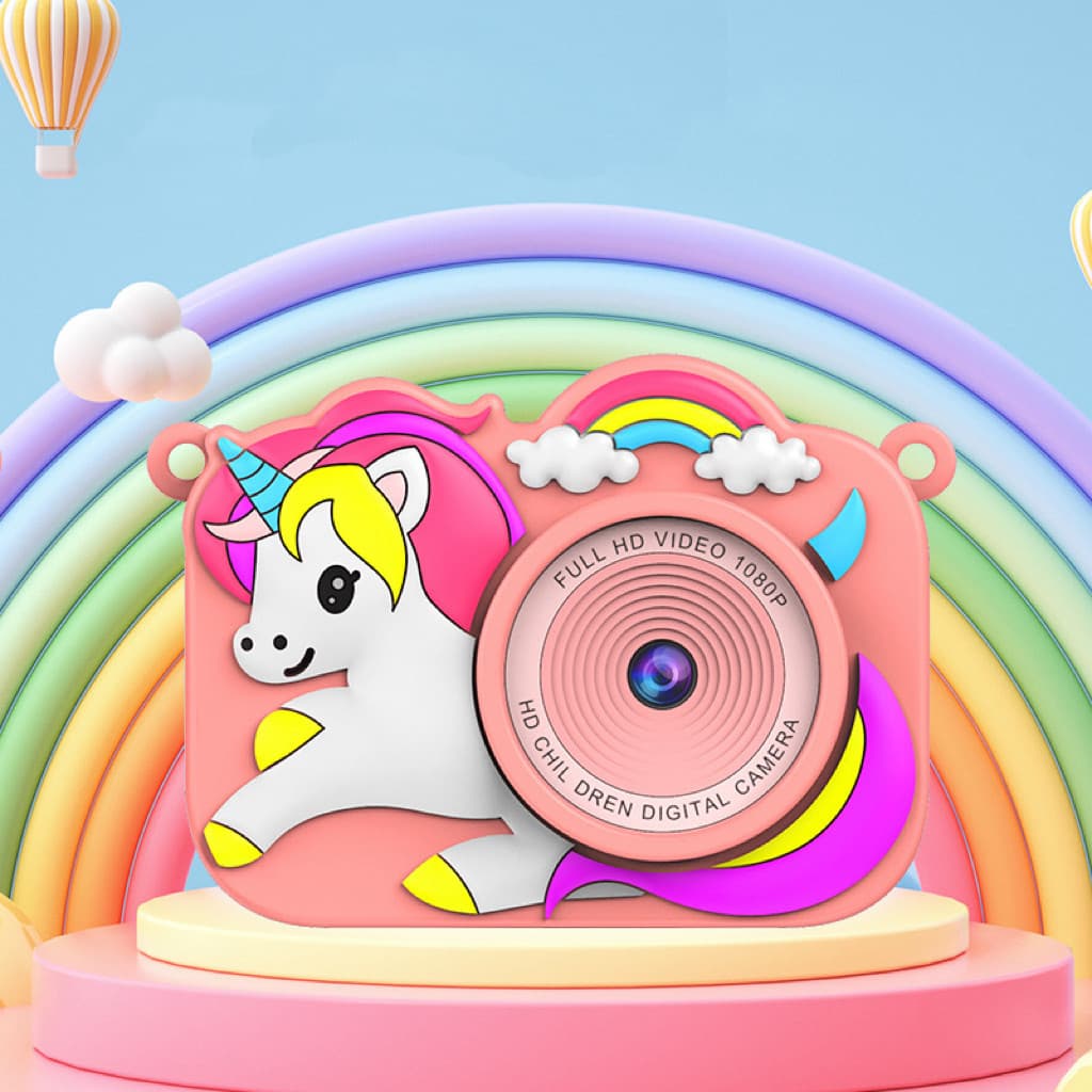 Câmera infantil unicórnio HD com câmeras frontal e traseira duplas, mini câmera recarregável