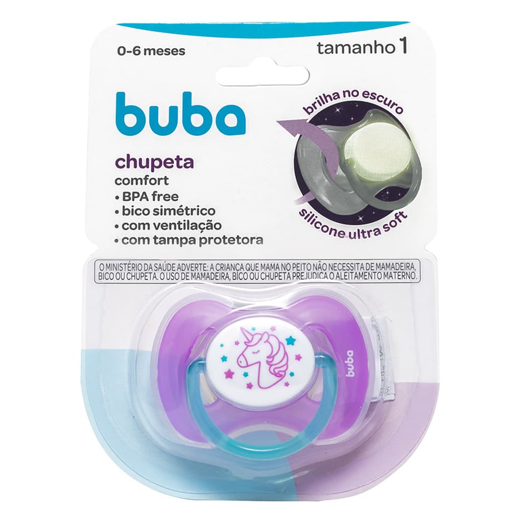Chupeta Buba Confort Tamanho 1 Noturna Unicórnio