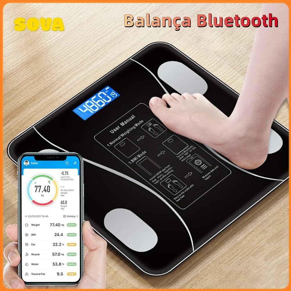 SOVA Balança Digital Medidora Corporal Bioimpedância Profissional Bluetooth Até 180kg Resultado Pelo Celular