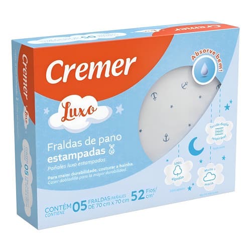 Pacote 5 Fraldas Luxo 100% Algodão Estampas Bebê Menino 70x70cm Masculina Super Macia- Cremer