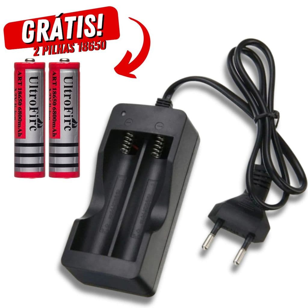 Carregador Duplo + 2 Pilhas Recarregáveis 18650 3.7V Bivolt LED
