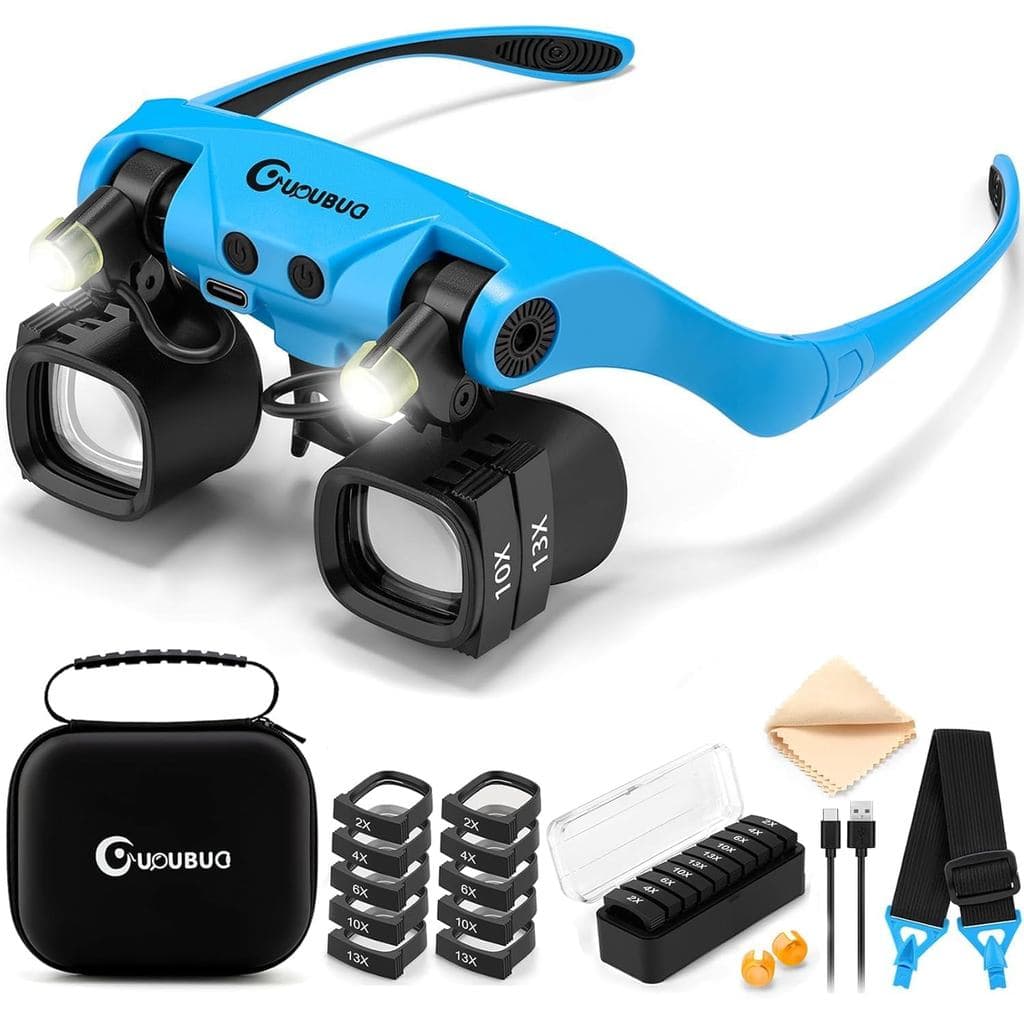 Lupa com Luz, Lentes de Ampliação 2X 4X 6X 10X 13X, Lupa Binocular Comutável com Estojo de Armazenamento, Lupa de Cabeça