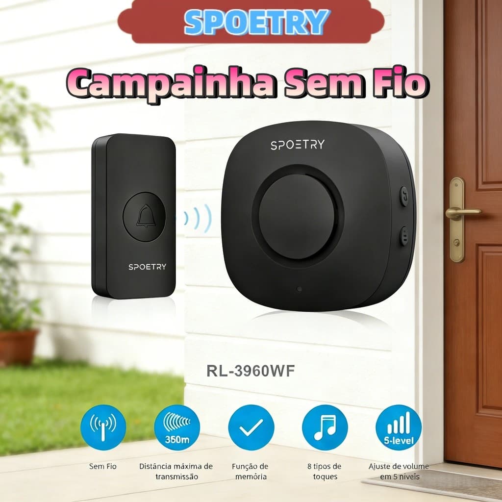 Campainha Sem Fio Bivolt A Prova D'água Longo Alcance 350m Residencial Comercial