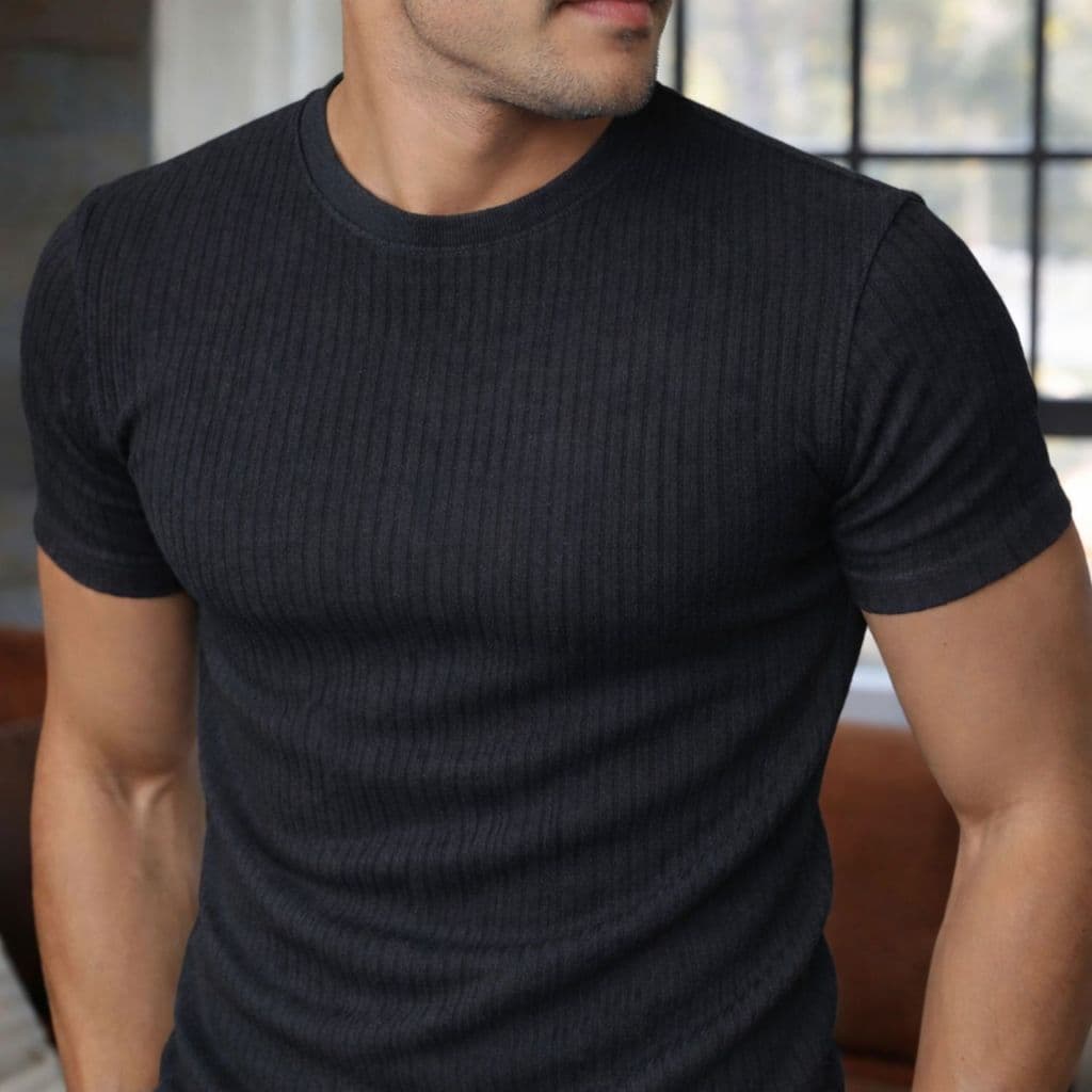 Camiseta Masculina Canelada Camisa Gola Media Texturizada