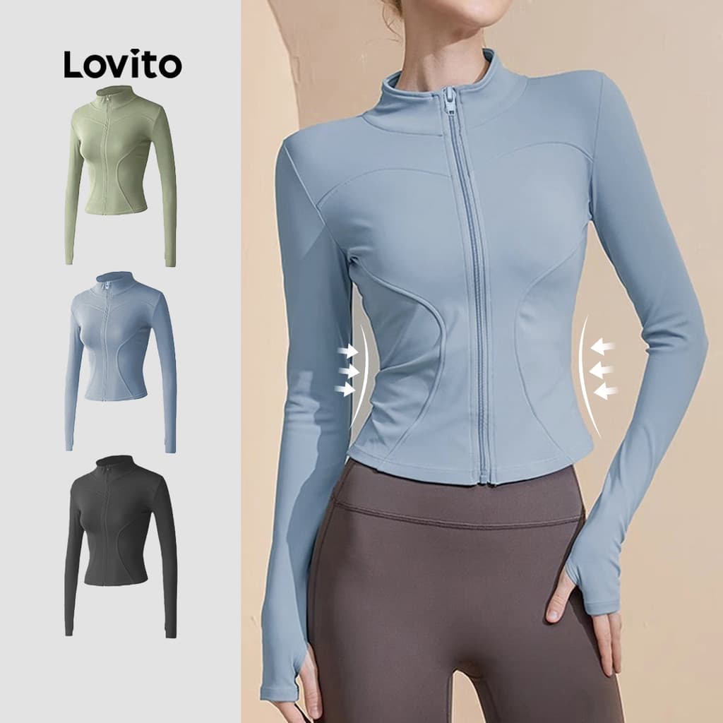 Lovito Jaqueta Esportiva Suave na Pele Elástica 4 Way Top Yoga Ajustada Seca Rápida LNA124047
