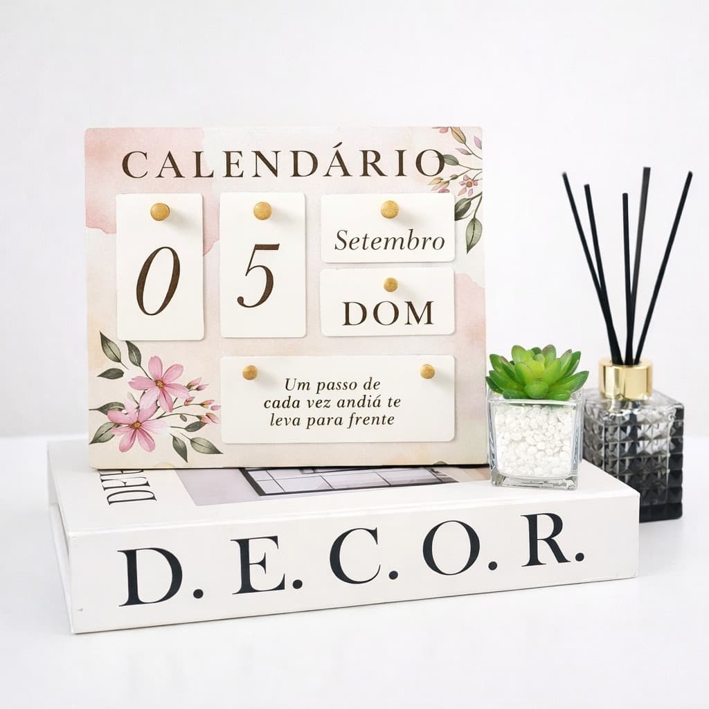 Calendário de Mesa Flor Decorativo com Plaquinhas Frases Motivacionais Permanente Escritório