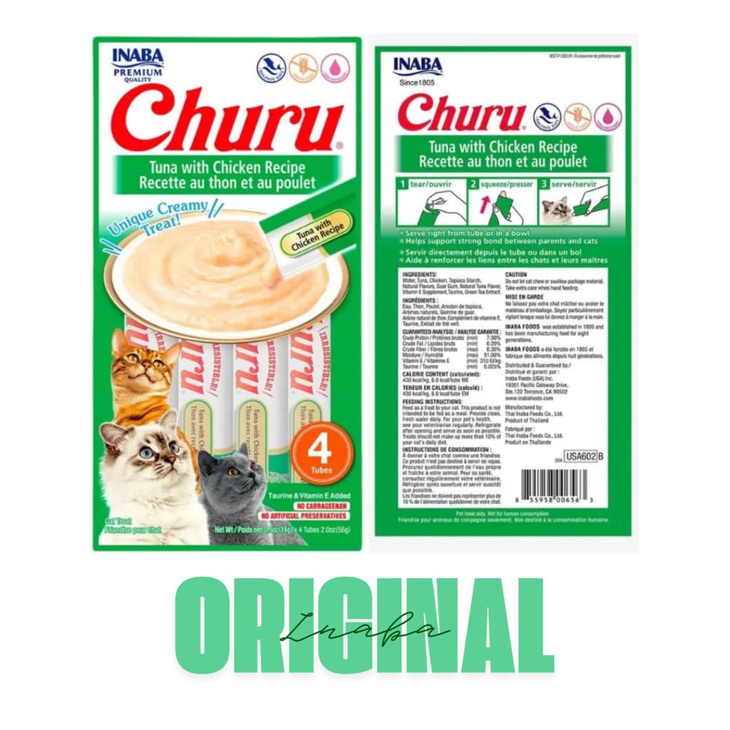Petisco Churu para Gatos Purê Atum e Frango Original Inaba Sache Pacote com 4 Un