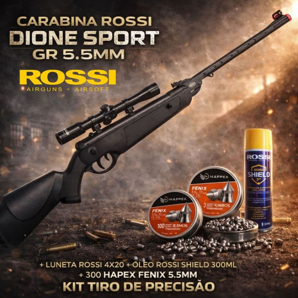 Carabina Rossi Dione Sport GR 5.5mm + Luneta Rossi 4x20 + Óleo Rossi Shield 300ml | Kit Tiro de Precisão
