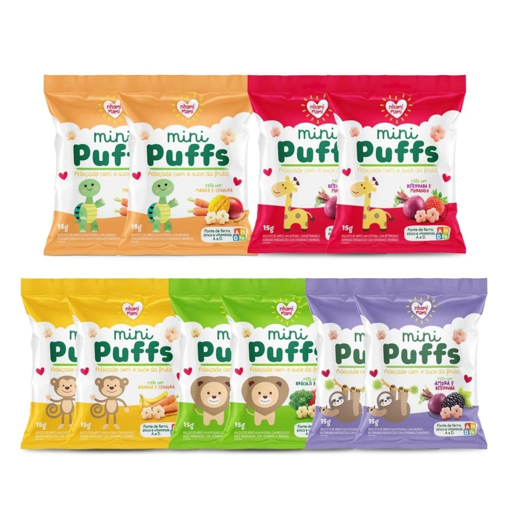 Kit Biscoito Nhami Mami Mini Puffs Sabores Sortidos - 10 Unidades 15g