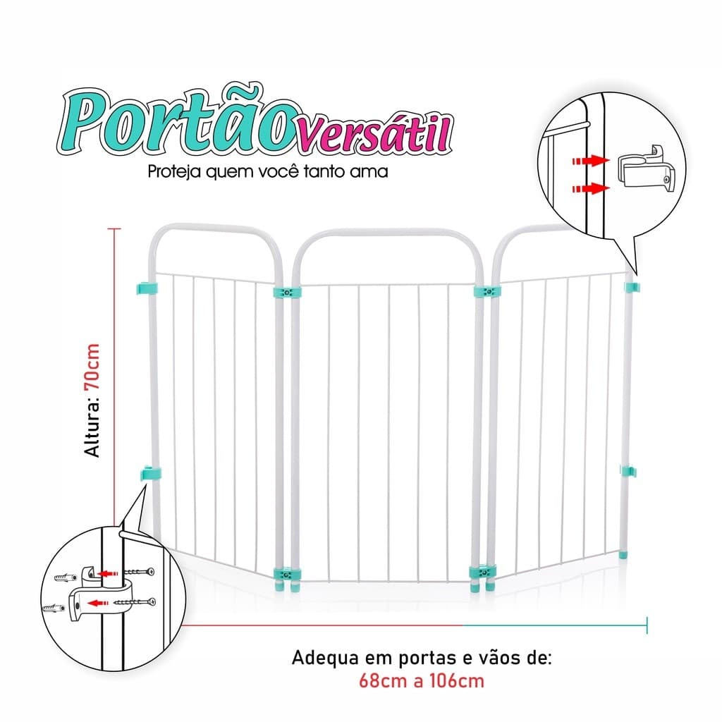 Portão Versátil Grade de 68 a 106cm Cercadinho Pet e Kids