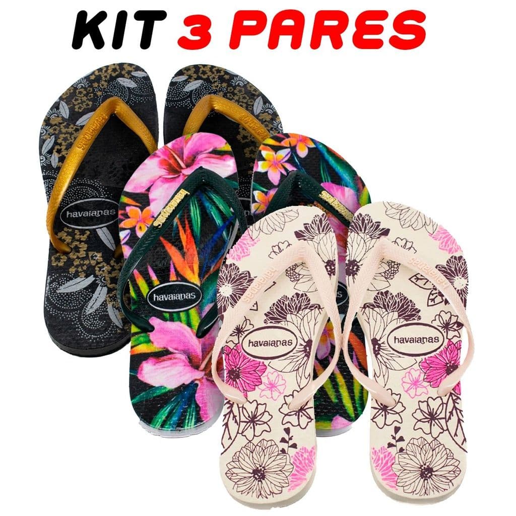 Kit 3 Chinelos Feminino Estampas Flores
