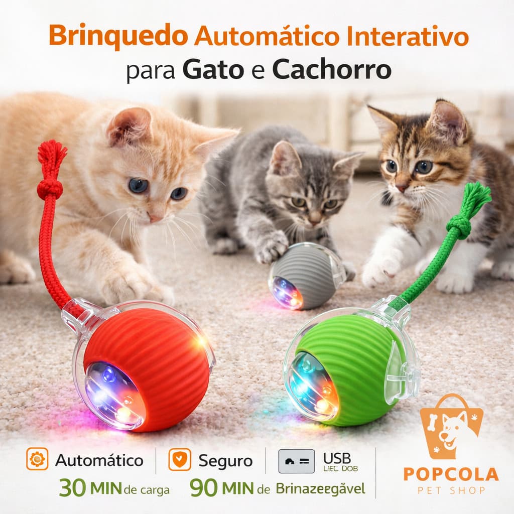 Bola Interativa Automática Pet Cães Gatos Recarregável USB Brinquedo Elétrico Inteligente