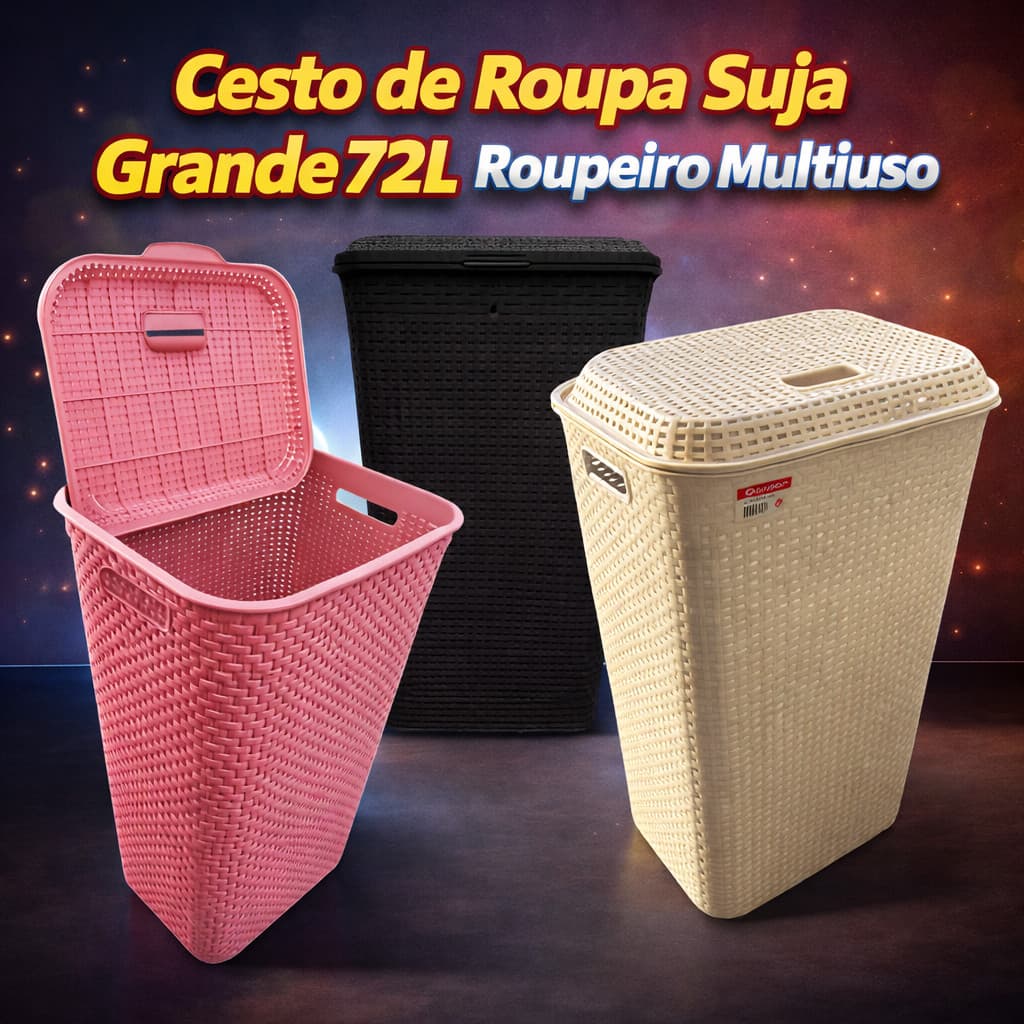 Cesto de Roupa Suja Grande 72L Rattan Roupeiro Organizador para Lavanderia Banheiro Família Casa Premium