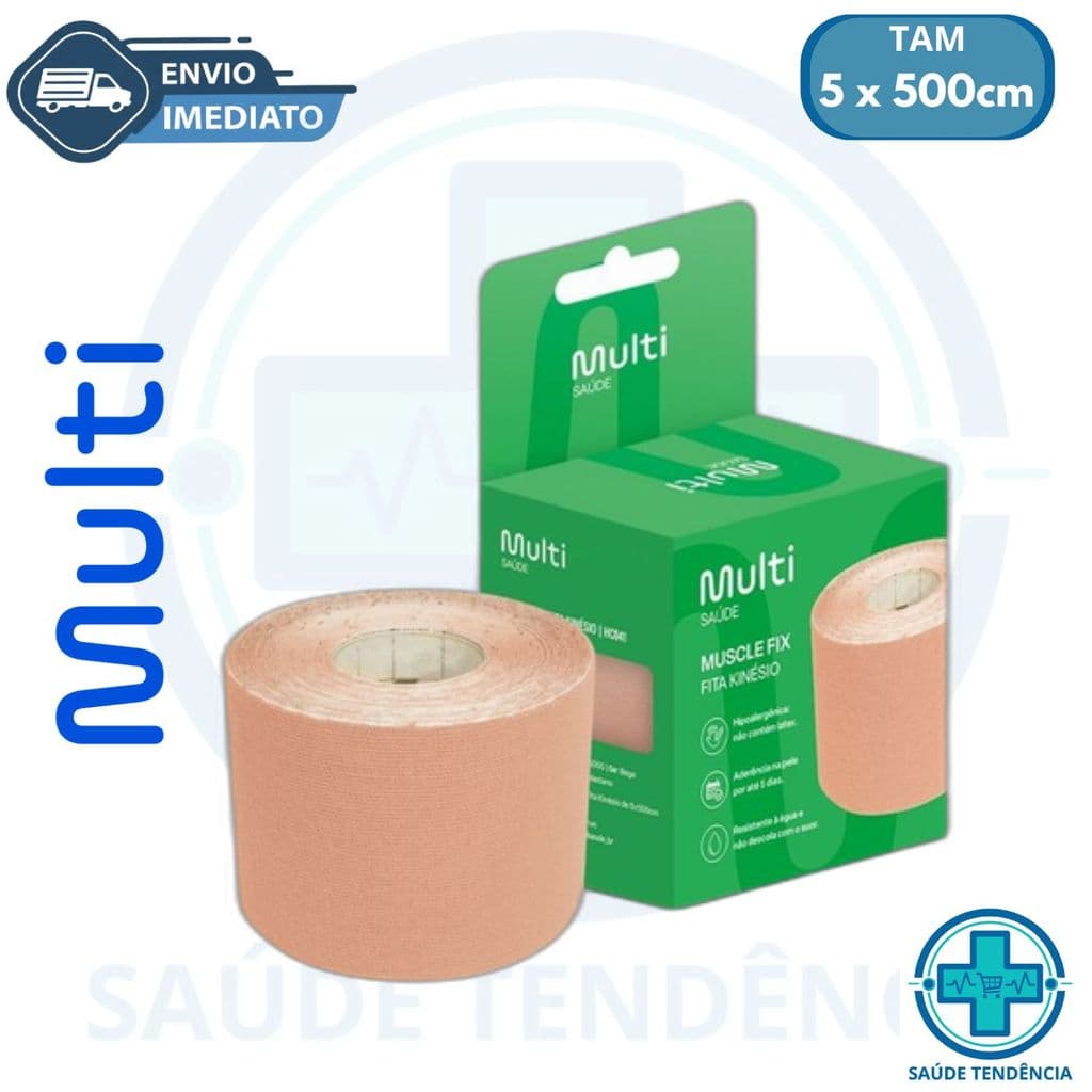 Fita Kinesio Bandagem Elastica Adesiva 5m x 5cm Bege Multilaser Fisioterapia e Esporte