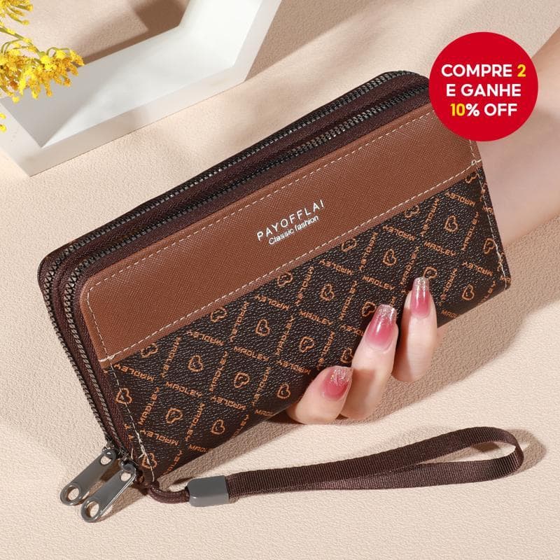  Carteira Feminina Retrô de Couro com Zíper Duplo Bolsa de Mão para Negócios Porta Cartões de Crédito Telefone